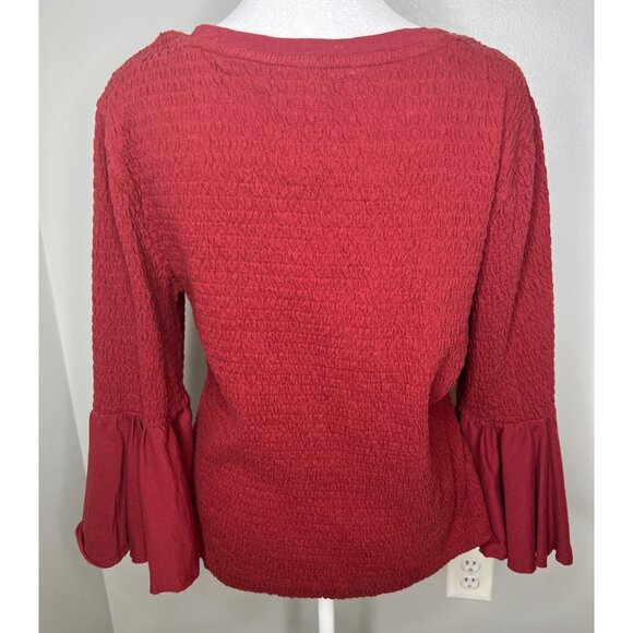 Anthropologie Smocked Red Textured Bell Sleeve Scoop Neck Top Women's XL - Picture 6 of 16